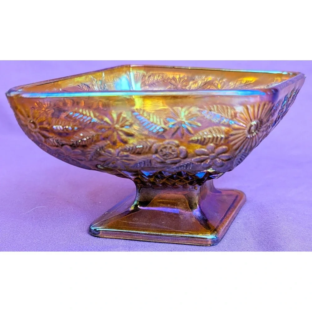 Indiana Carnival Glass Diamond Shaped Pedestal Dish Amber Iridescent Vintage